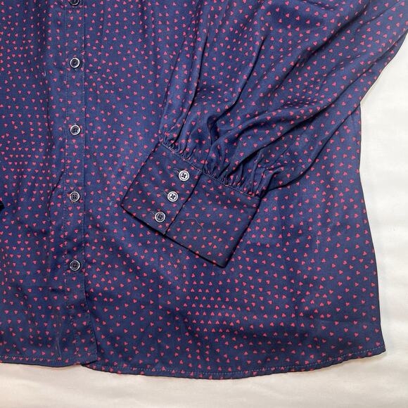 ModCloth Blouse Plus Size 3X Navy Blue Red Hearts AOP Long Sleeve Silky Button - Picture 4 of 16